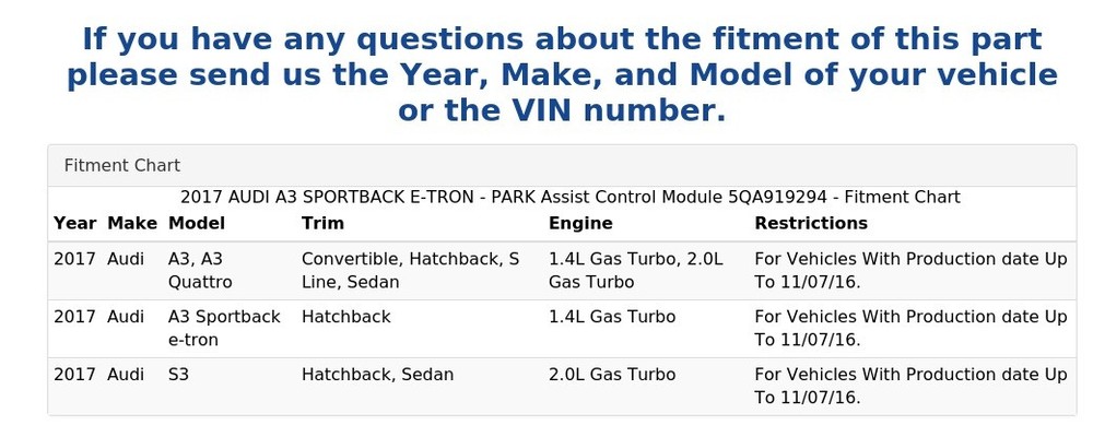 2017 AUDI A3 SPORTBACK E-TRON - PARK Assist Control Module 5QA919294