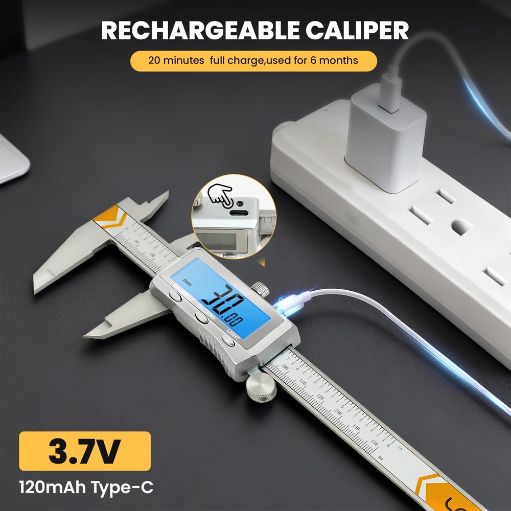 Digital Caliper, Rechargeable Caliper Measuring Tool with Backlight LCD Scree...