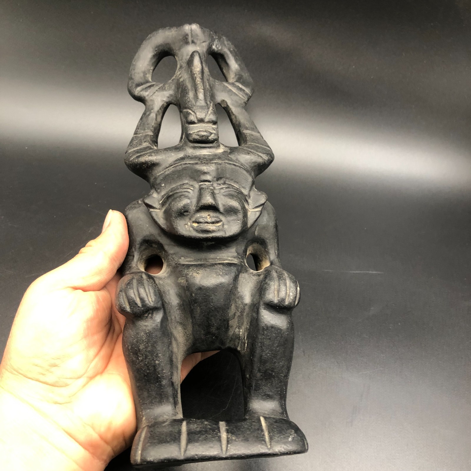 Old HongShan Culture Meteorite Jade Hand-Carved Sun God Helios&Pig Dragon Statue