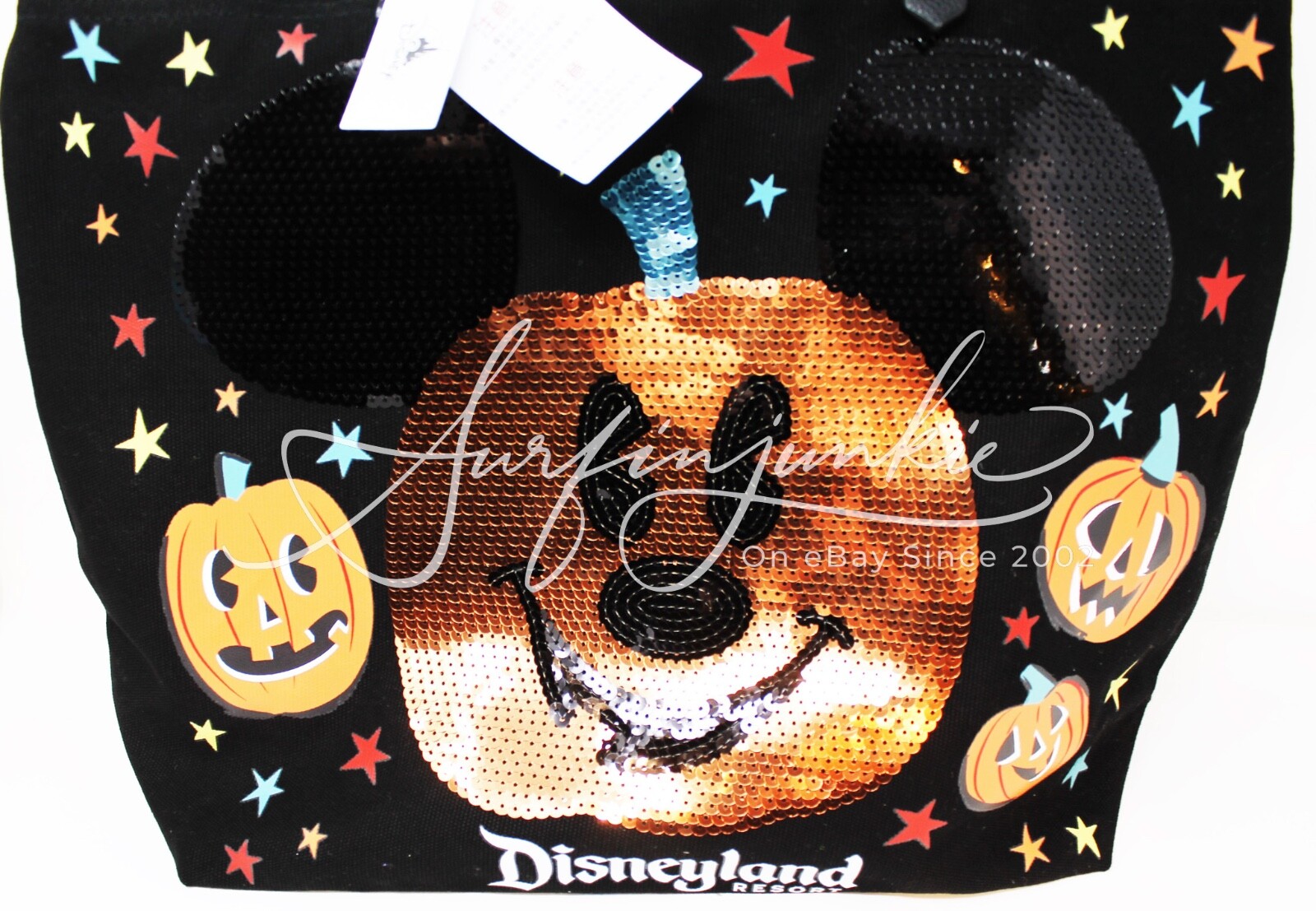 Disney Parks Mickey Mouse Happy Halloween Pumpkin Orange Sequin Tote Bag Black