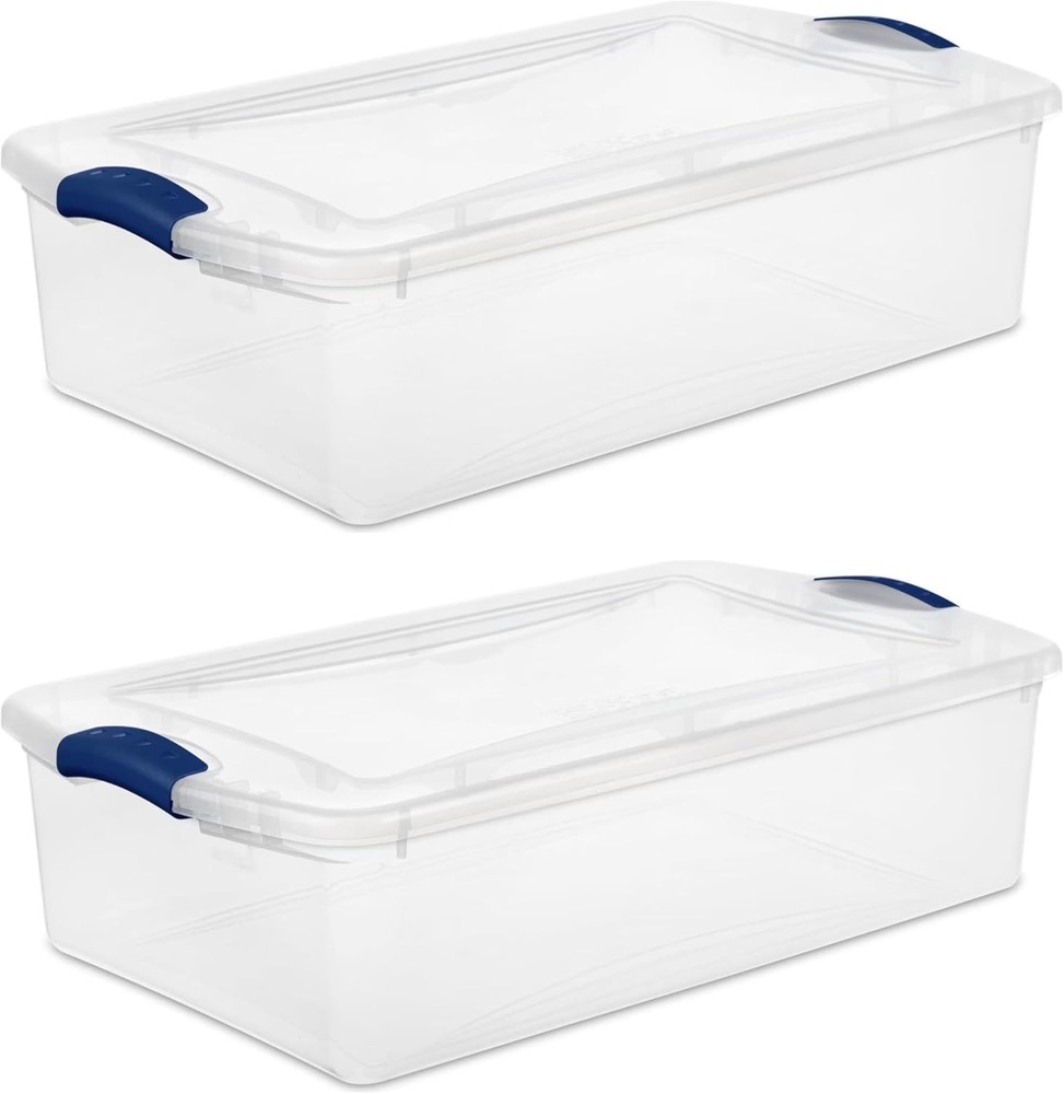 Sterilite 32 Qt Latching Storage Bin Clear Plastic Container Blue Lid 2 Pack