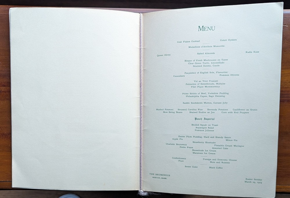 Original 1913 Brunswick Hotel Easter Menu Boston Massachusets