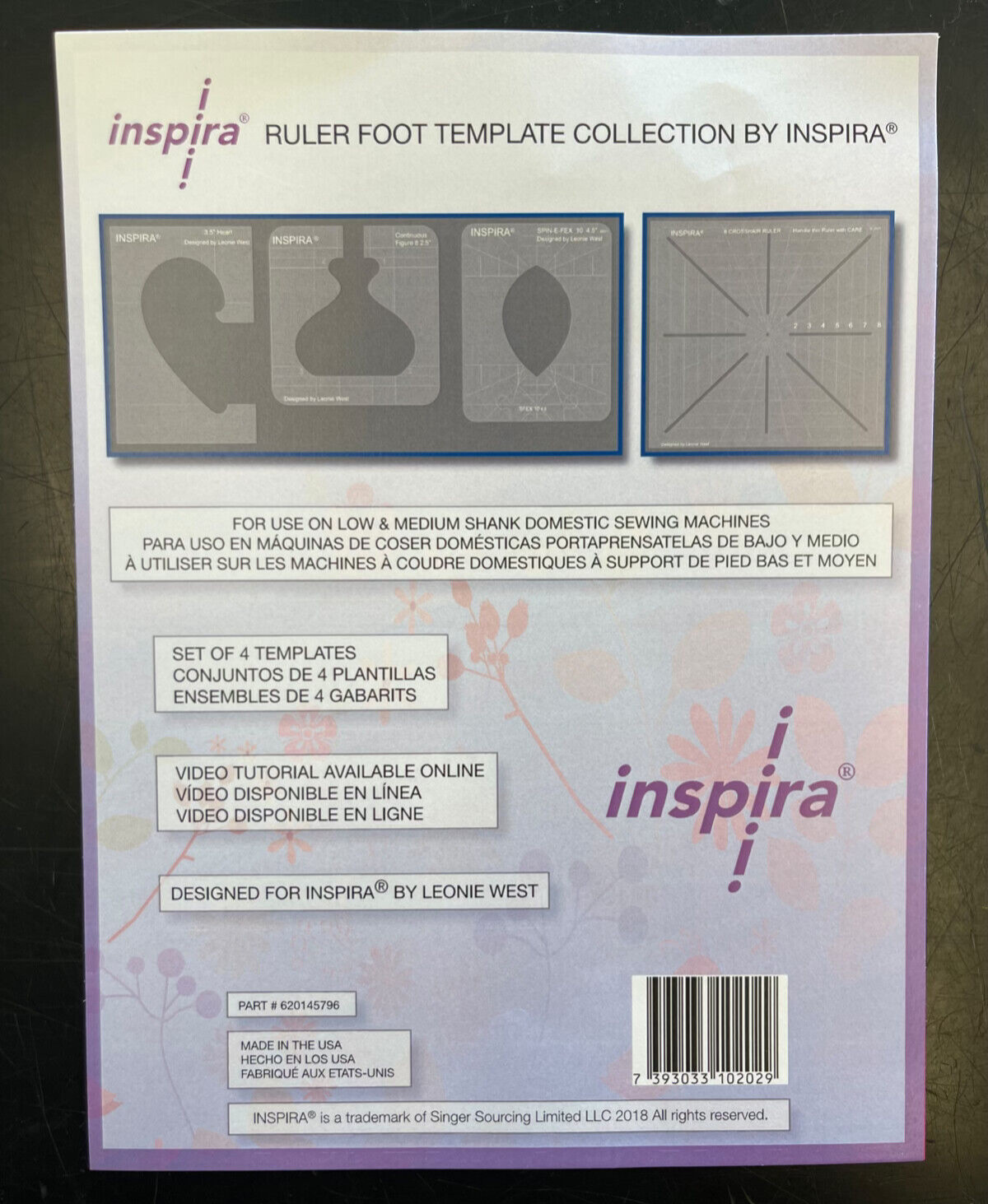 Inspira Ruler Foot Plastic Templates Set of 4 - Low Medium Shank Sewing Machines