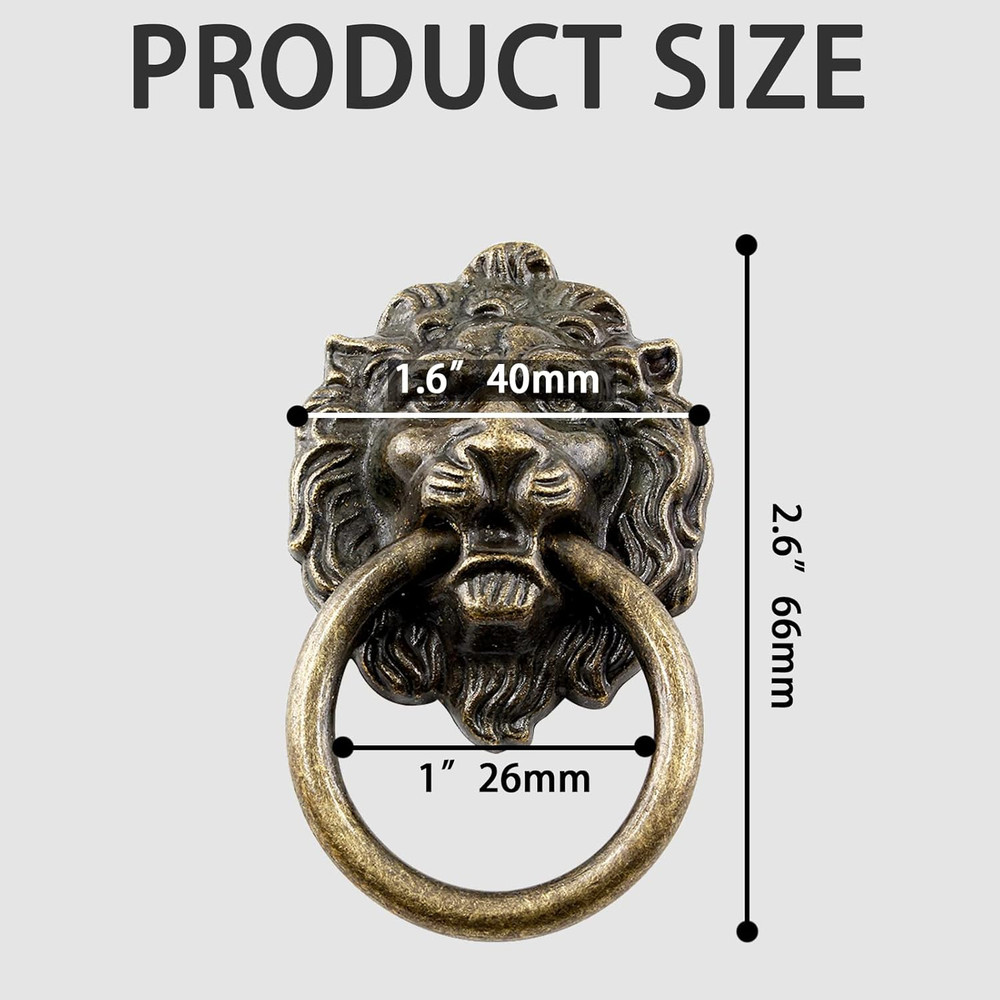 6 Pcs Lion Head Knobs Pull, Antique Bronze Ring Pull Handles for Dresser Drawers