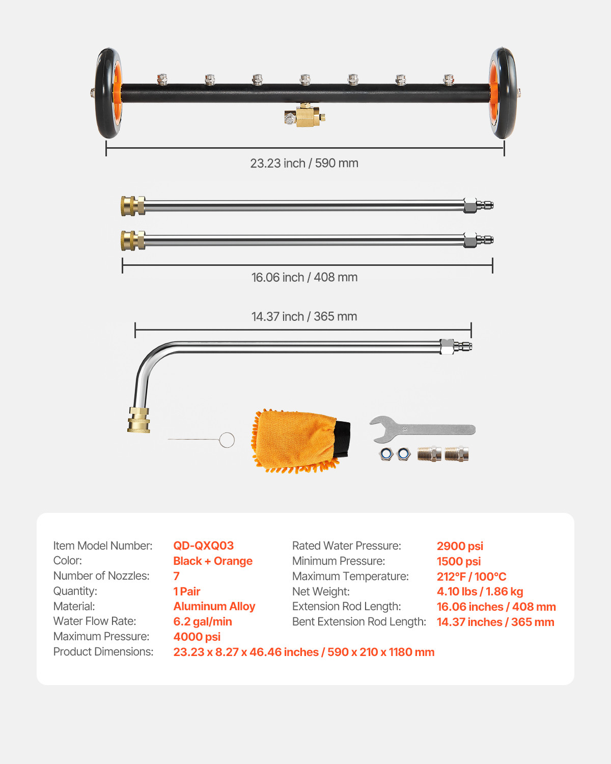 24" Pressure Washer Undercarriage Cleaner with 2 Wheels 2 Extended Wands