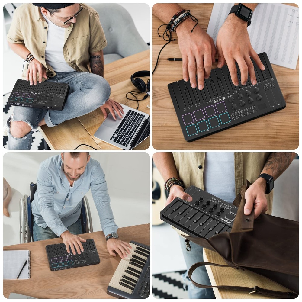 25 Key USB MIDI Keyboard Controller With 8 Backlit Drum Pads, Bluetooth Semi ...