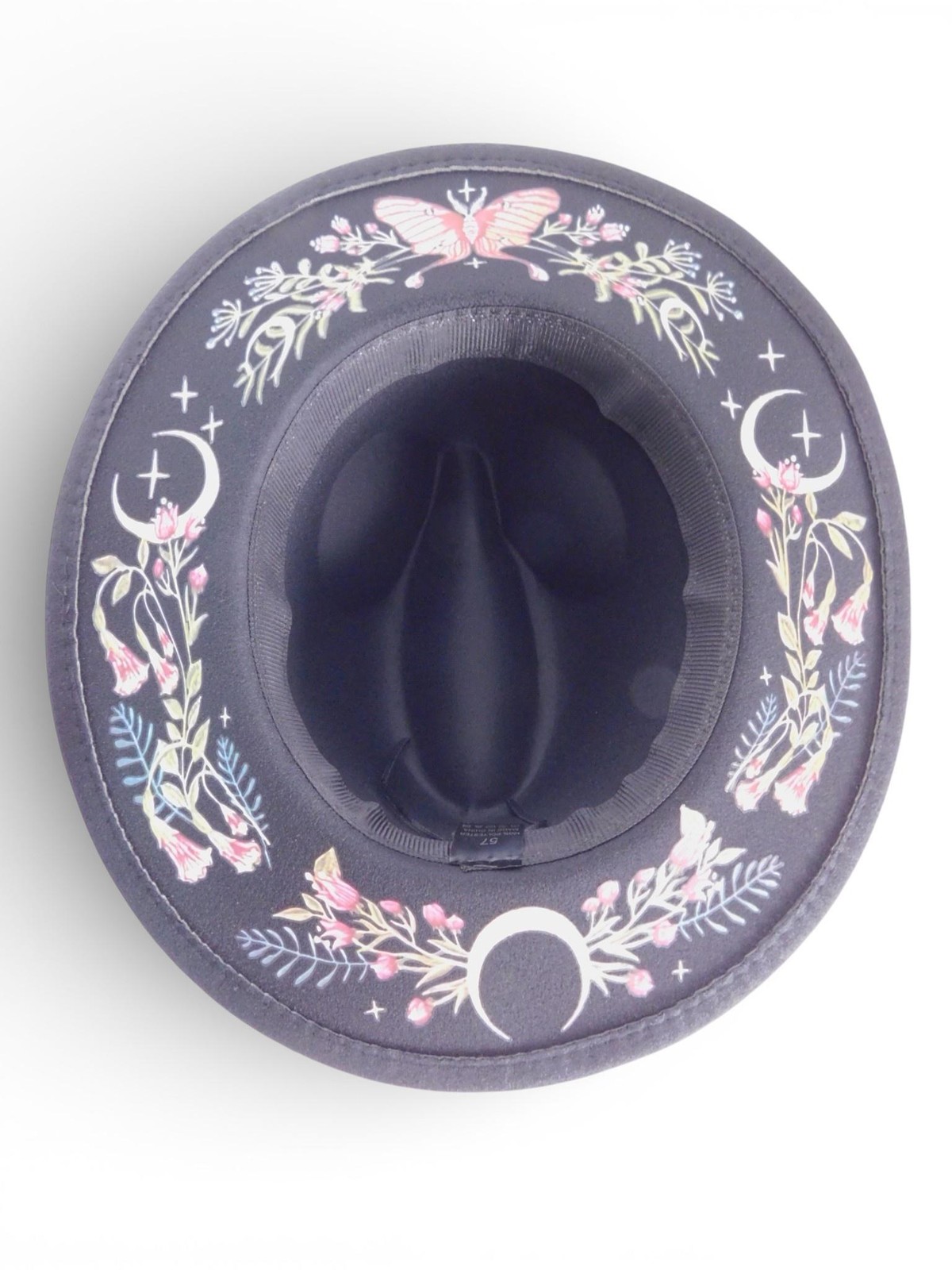 Wide Brim Fedora Hat Womens 7 1/8 Black Embroidered Butterfly Moon Floral Boho