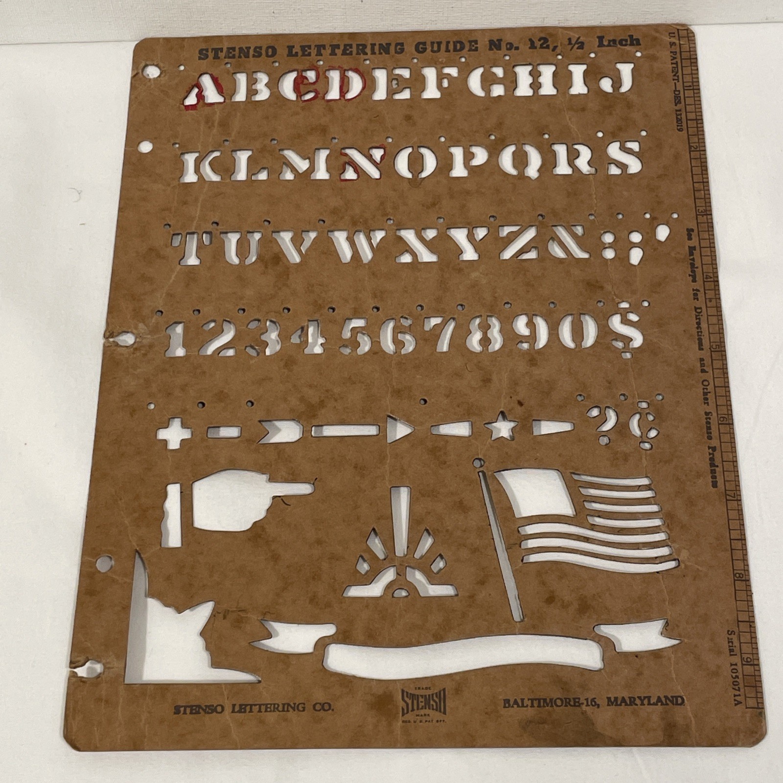 Vintage 1960’s Stenso Lettering Co - Lettering Guide Stencil No. 12, 1/2 Inch