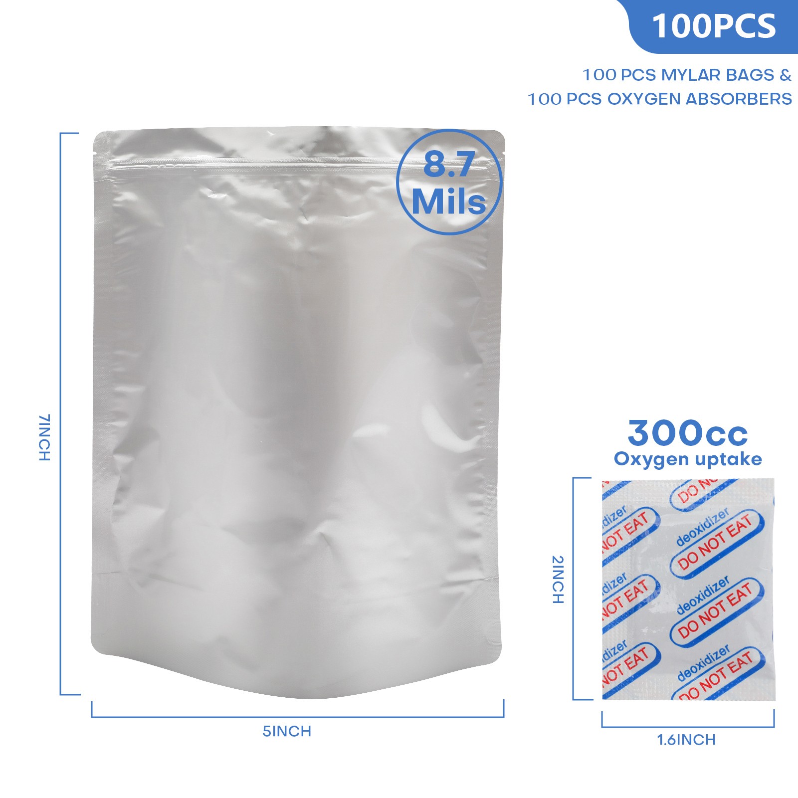 50/100 Mylar Stand-Up Food Storage Bags Resealable 9mil w/300cc Oxygen Absorbers