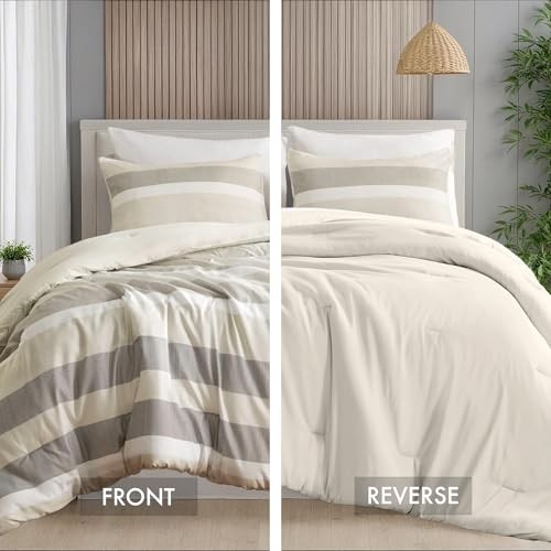 Comforter Set, 3 Pieces Striped Bed Set, Soft Brushed Microfiber Queen Neutral