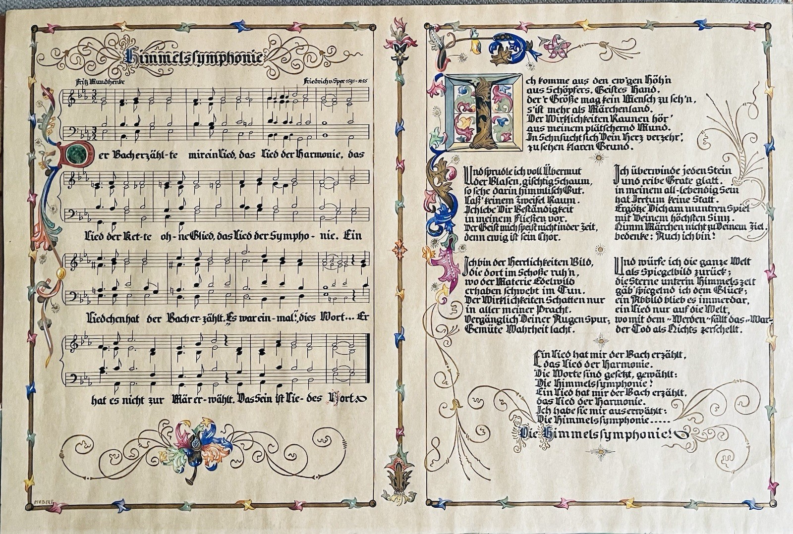 Antique Hand Illuminated Art “Die Himmelsymphonie” German Poem & Music Mebert