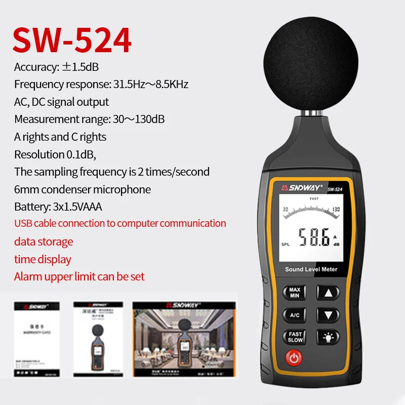 Digital Sound Level Meter, Decibel Meter 30-130dB Range with Time Display