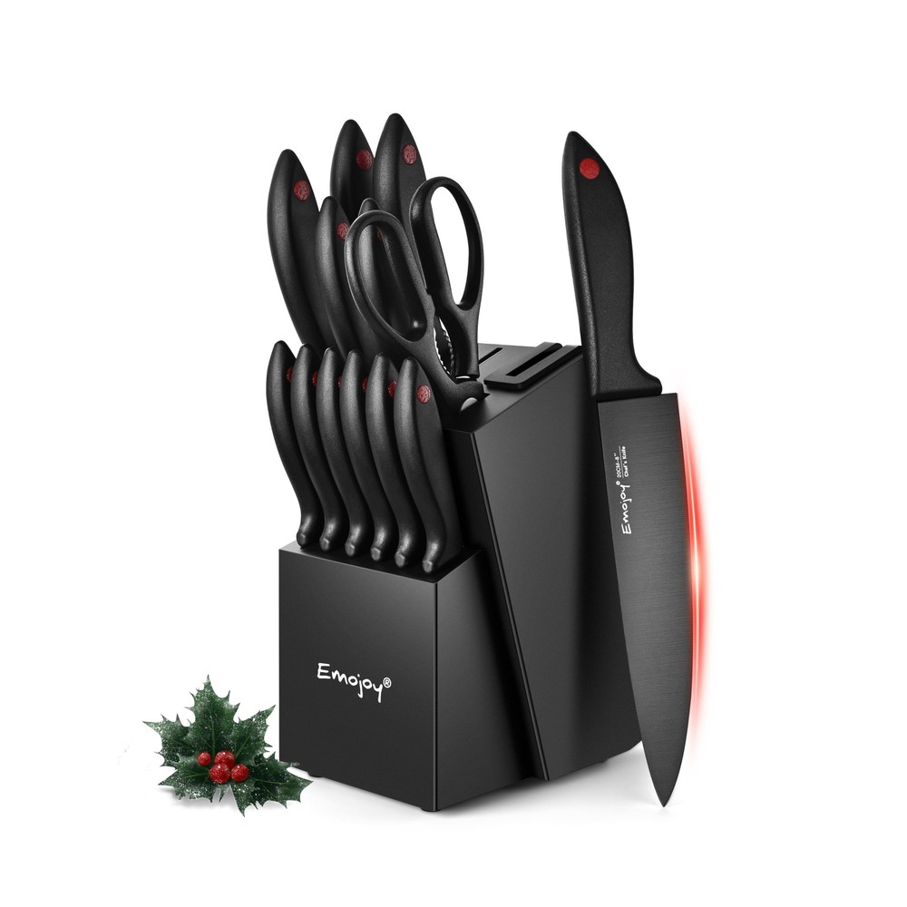 Emojoy 15Pcs Kitchen Knife Set with Block and Built-in Sharpener, Stainless S...