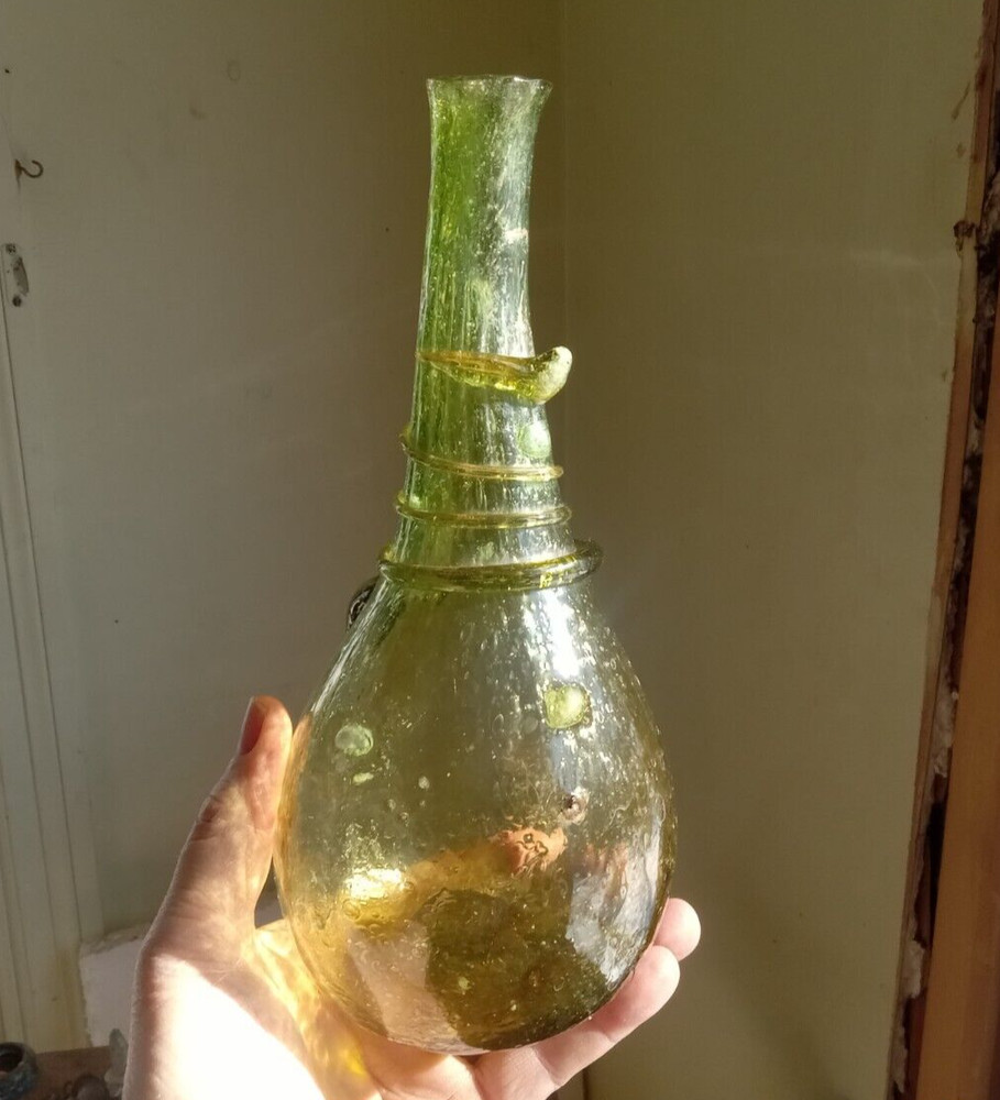 BUBBLY CRUDE HAND BLOWN GLOBULAR SADDLE FLASK BOTTLE WITH DRIPPY APPLIED RING