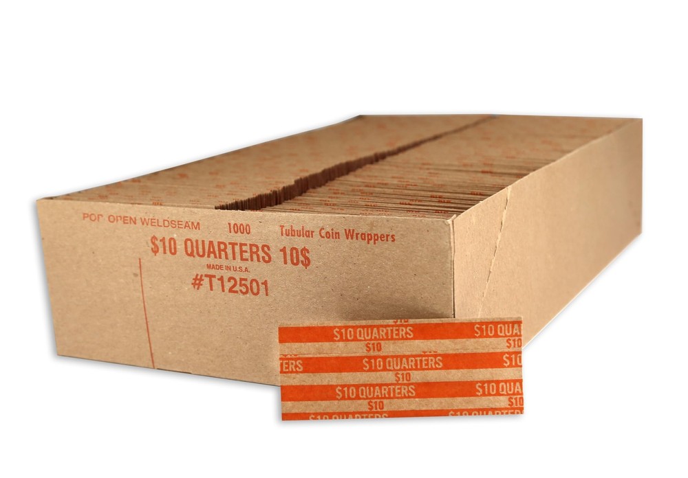 Flat Coin Wrapper, Quarter Rolls $10 Orange 250 pcs