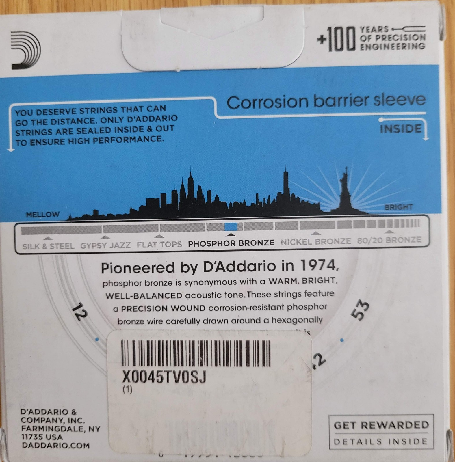 D'Addario's EJ16 Phosphor Bronze Acoustic Guitar Strings in a 3-pack