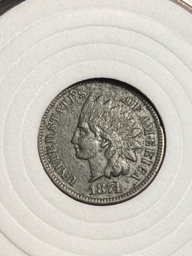 1874 Indian Head Penny AU- BETTER DATE!