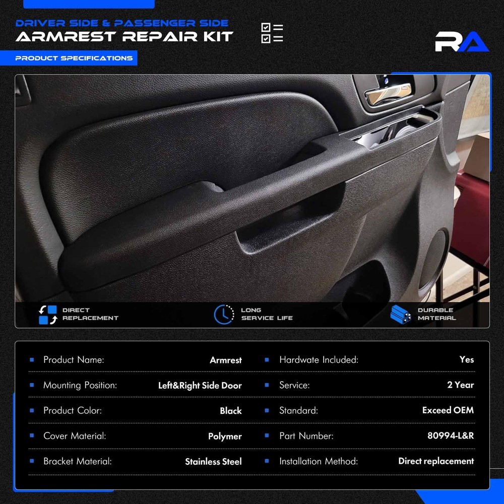 80994 Front Driver & Passenger Side Armrest & Side, Black