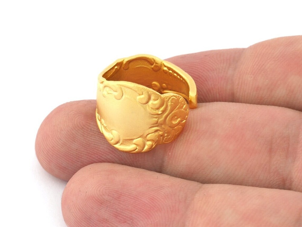 Spoon Ring Leaf Flower Patterned Adjustable Ring Matte Gold Plated Brass 3221
