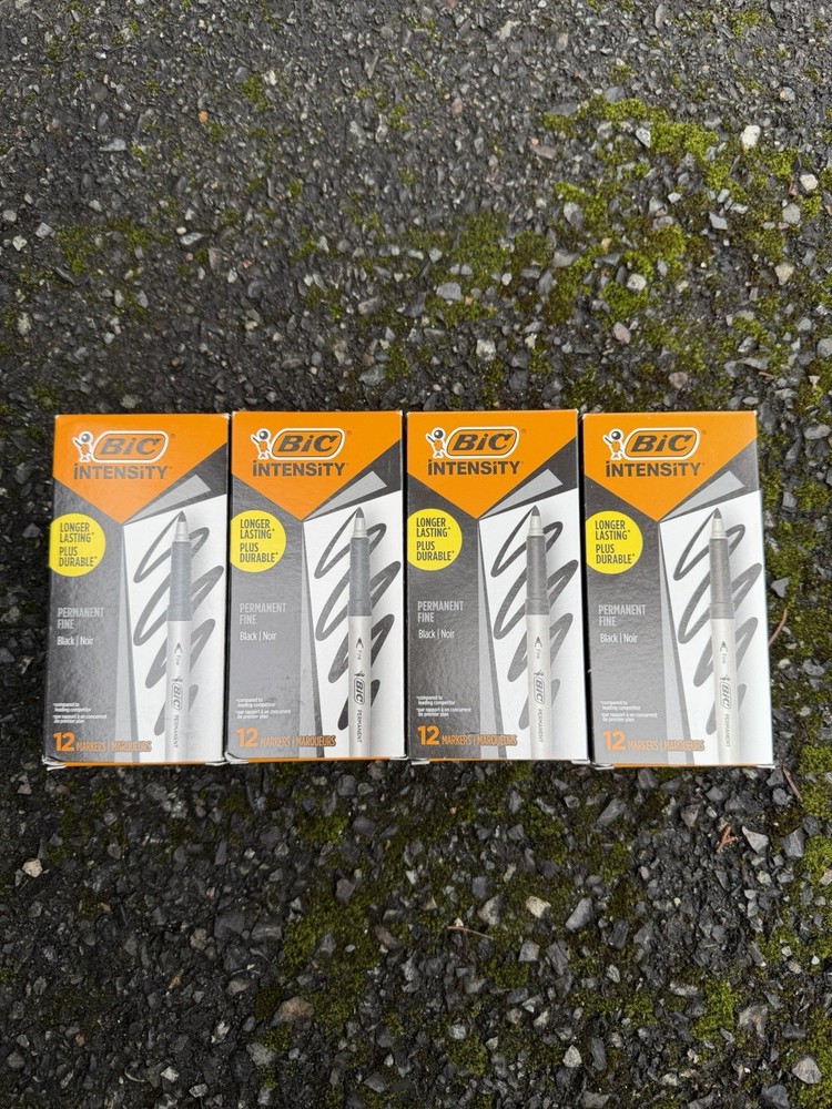 BIC Intensity Fine Tip Permanent Markers, Black 12-Count Pack Bundle Of 4 NEW