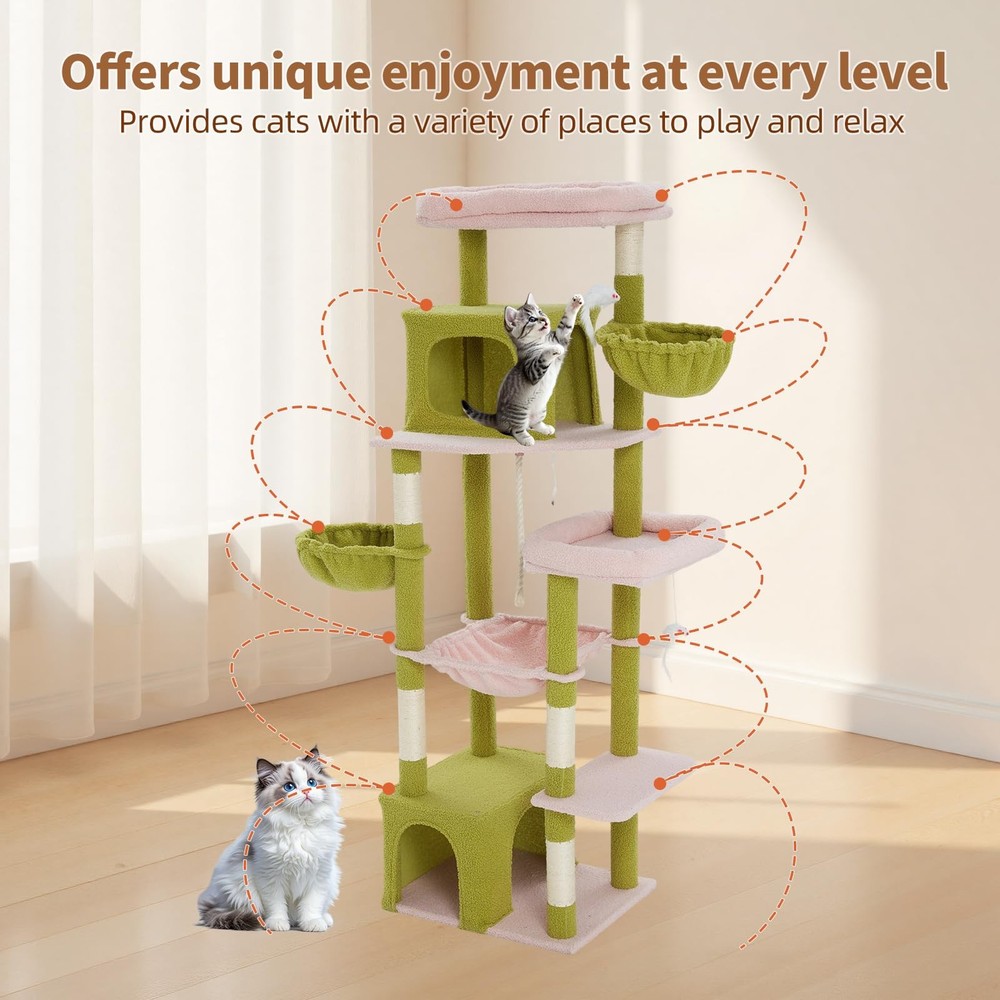 69.7-inch (177cm) Multi-Level Cat Tree with 2 Perches, 2 Condos, 2 Hammocks, ...