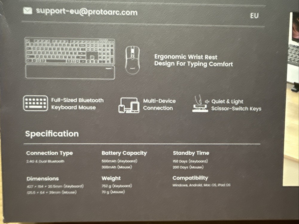 ProtoArc Ergonomic Wireless Keyboard & Mouse Combo Full Size Black, KM60