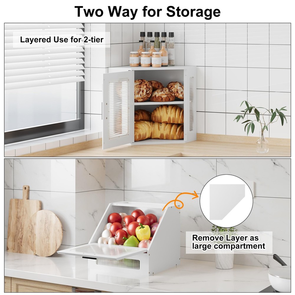 TQVAI Corner Bread Box for Kitchen Countertop, Solid Wood Double Layer Large ...