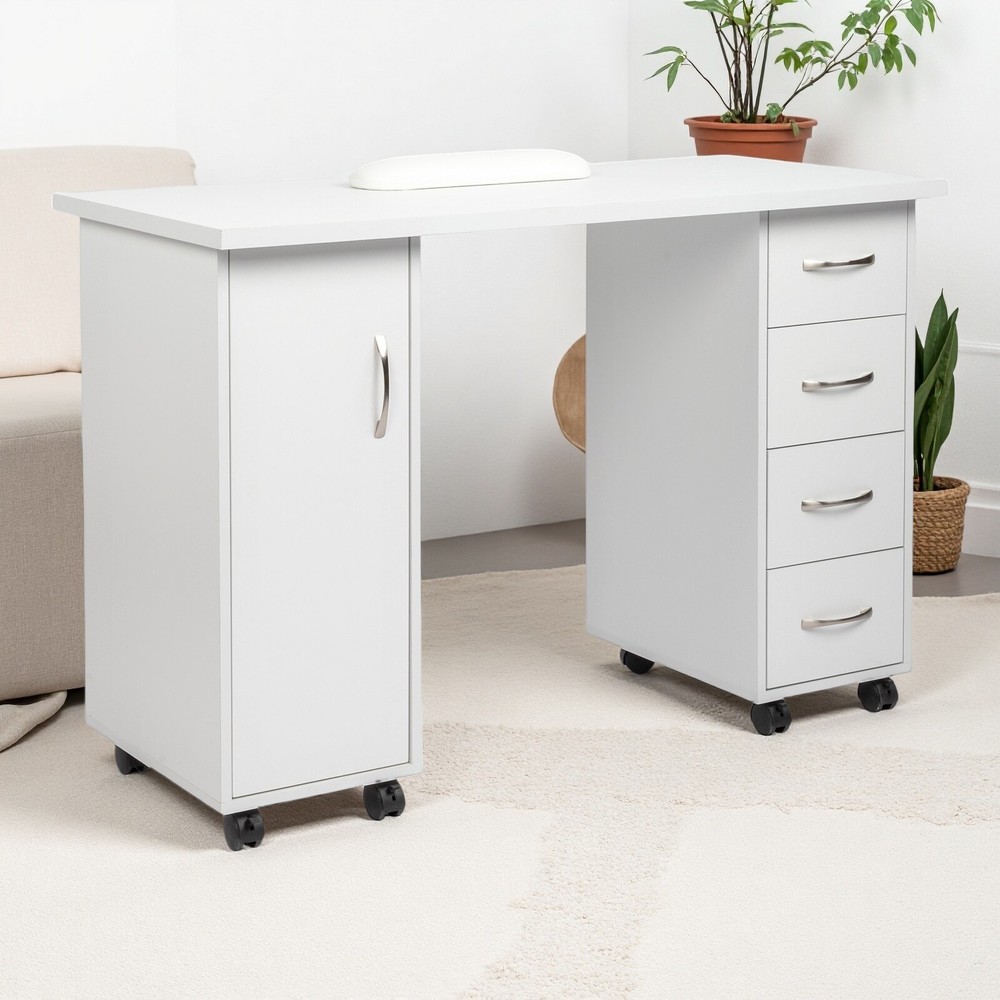Rolling Computer Desk - White, 4-Drawer, Shelves Storage & MDF ​Nail Table​