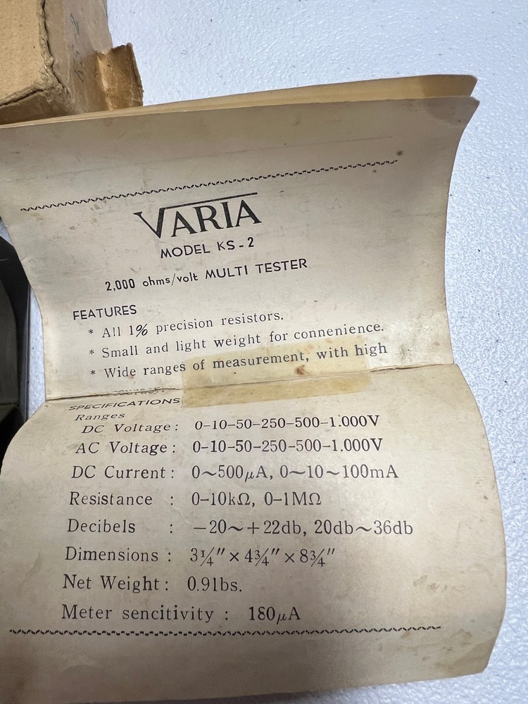 VINTAGE VARIA MULTI TESTER MODEL KS-2, 2000 OHMS/VOLT, UNTESTED