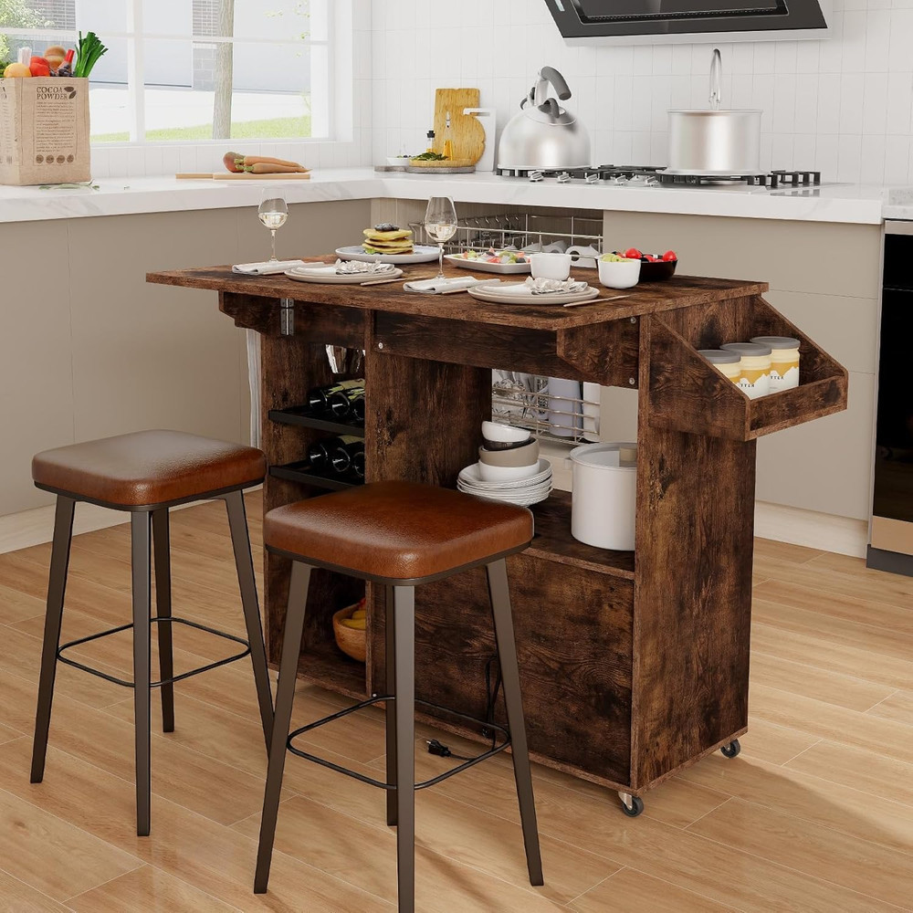 Rustic Brown Rolling Kitchen Island Cart with Drop Leaf & Storage Solutions