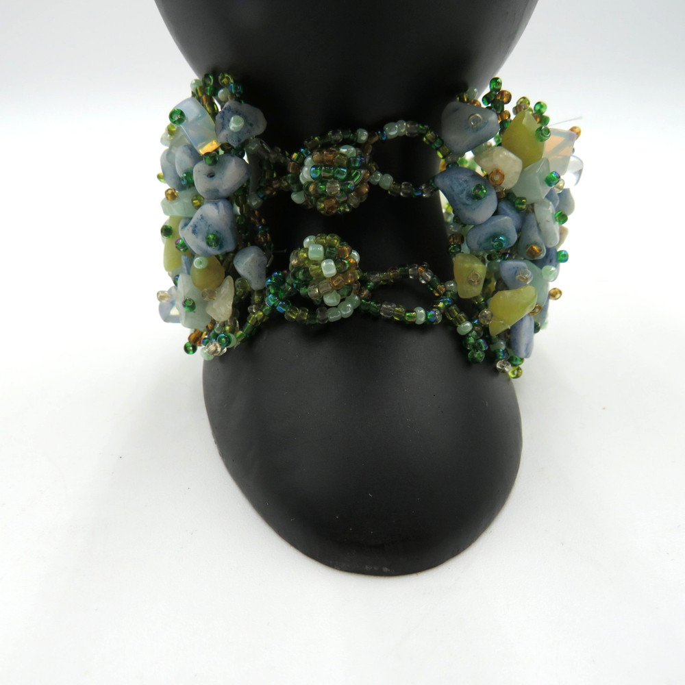 Beaded Stone Chip Wide Cuff Bracelet Green Blue Boho Chunky Statement