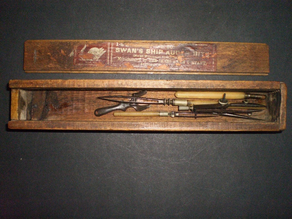 Swan's Ship Auger Bits Slide Lid Box Worn Label With Antique Drafting Tools