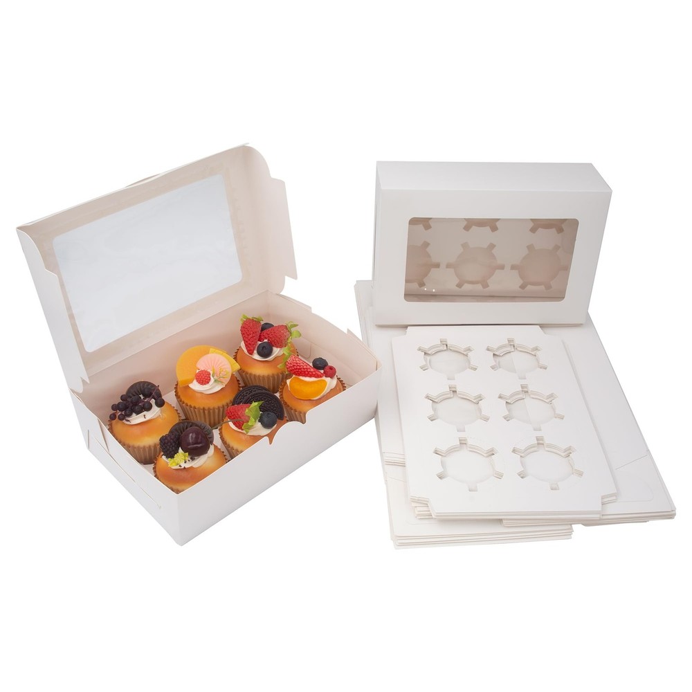 15 Pack White Cupcake Boxes Holds 6 Count Container Window Insert Carrier