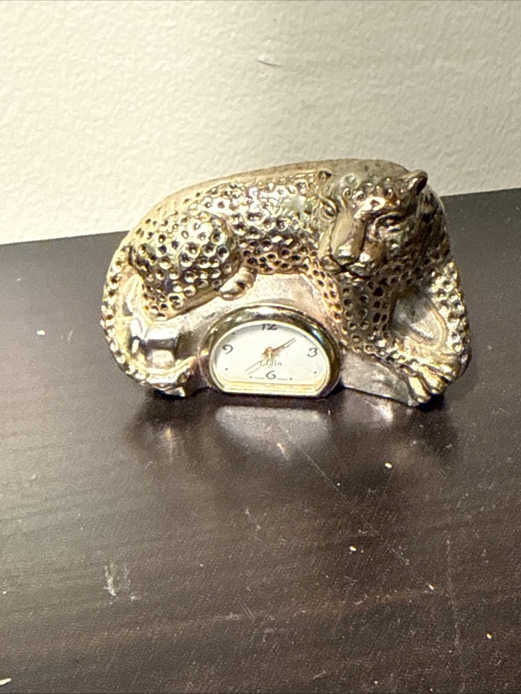 Elgin Leopard Desk Top Mini Clock Goldtone Untested