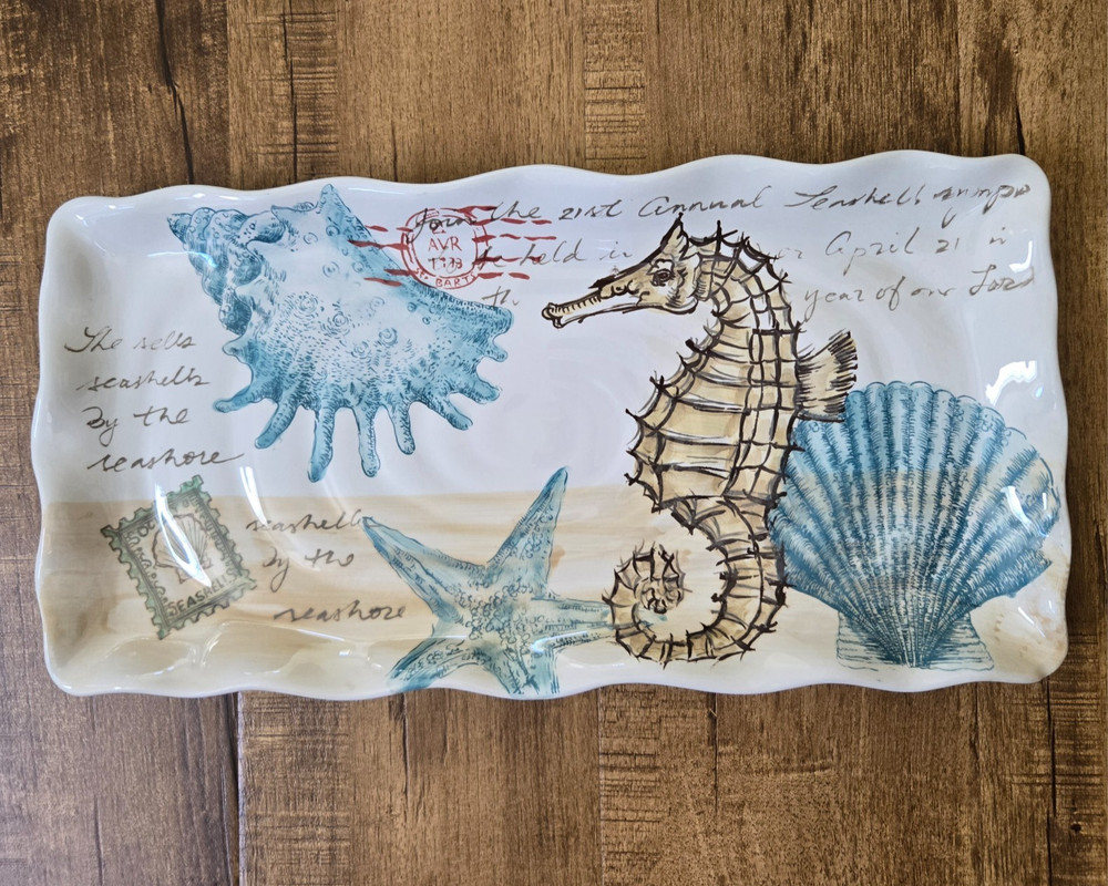 Maxcera STAMP SEAHORSE 17 1/2" Rectangular Ceramic Serving Tray