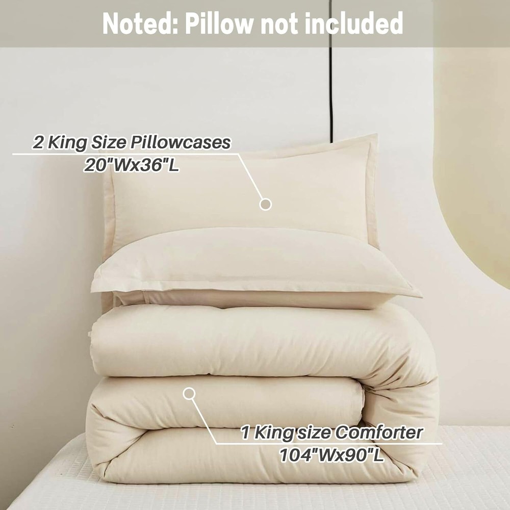 King Size Beige Comforter, 3-Piece Lightweight Bedding Comforter Set