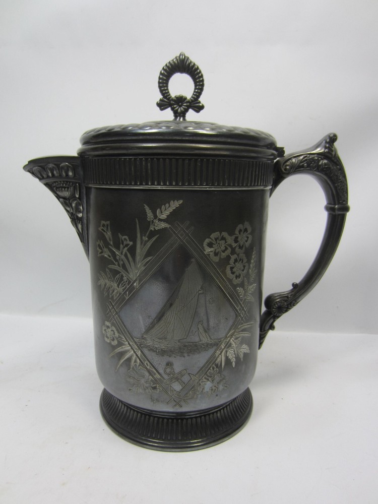 Antique Simpson Hall Miller Co. Silver Plated Glass Lined Pitcher