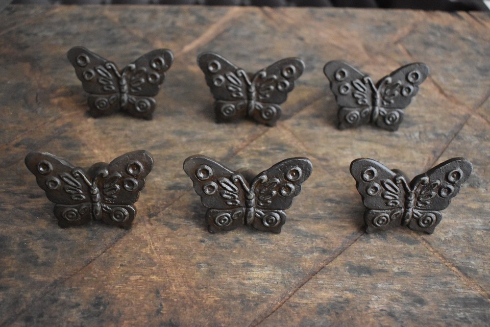 Iron door knobs Vintage Butterfly cabinet drawer handles pull rustic hardwr 6pc