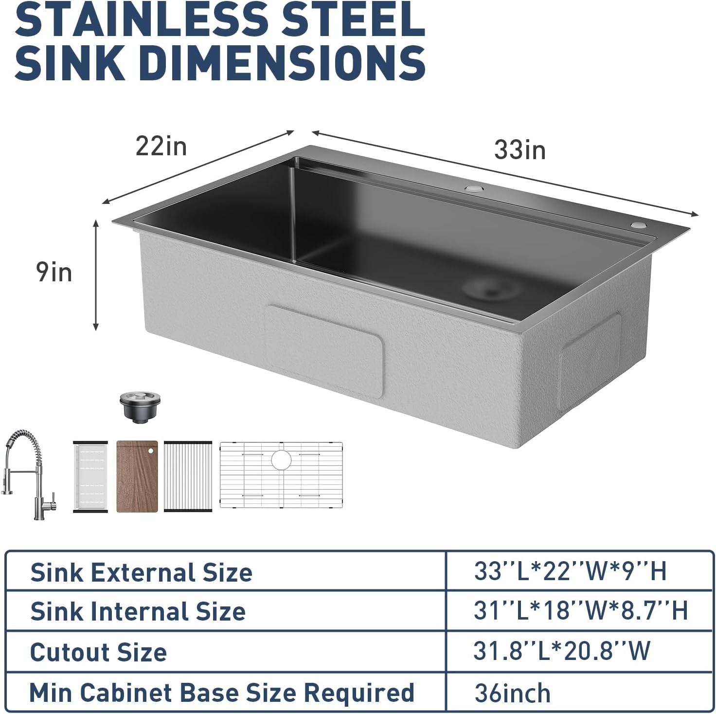 33"x22"x9" Drop in Kitchen Sink with Pull Down Spring Faucet, Single Bowl Sink