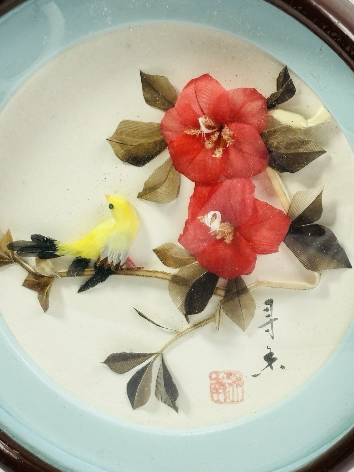 Lot of 2 Vintage Chinoiserie 3D Bird Feather Art Shadow Boxes