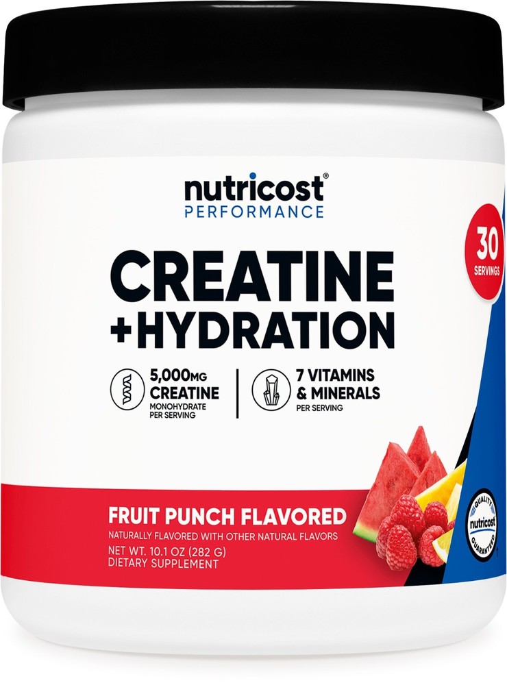 Nutricost Creatine Monohydrate + Hydration Fruit Punch Flavored, 30 Servings