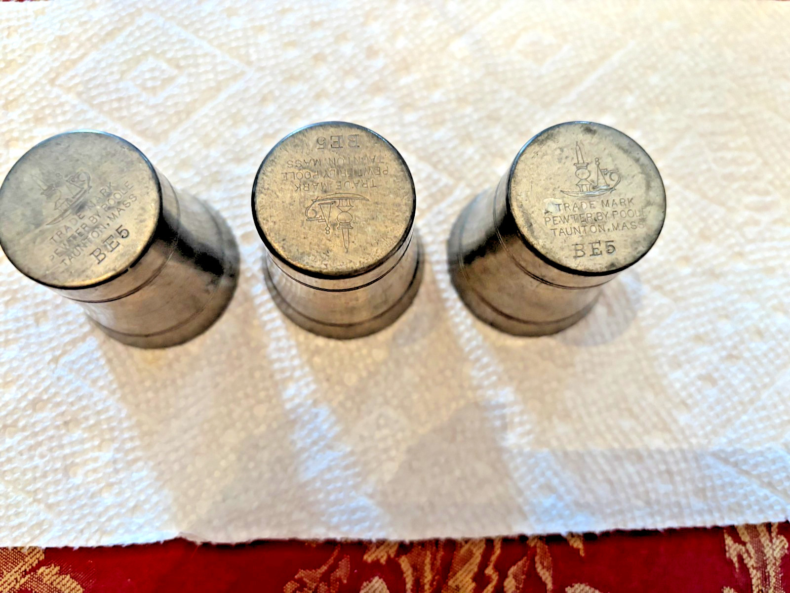 Vintage 3 Pewter Pool, Taunton Ma. Shot Glasses, about 1960's, BE5