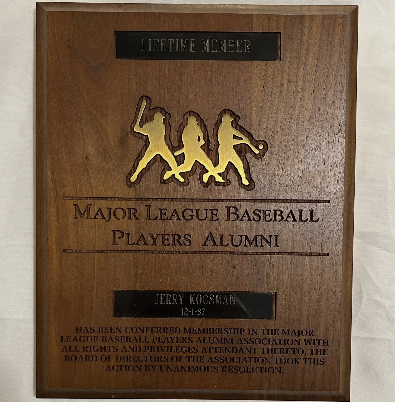 Jerry Koosman Personal Collection: MLB Players Alumni Association Plaque w/ LOP
