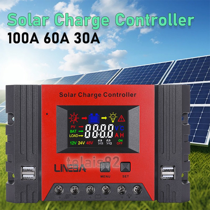 100A PWM Solar Charge Controller LCD Display Battery Intelligent Regulator 4-USB