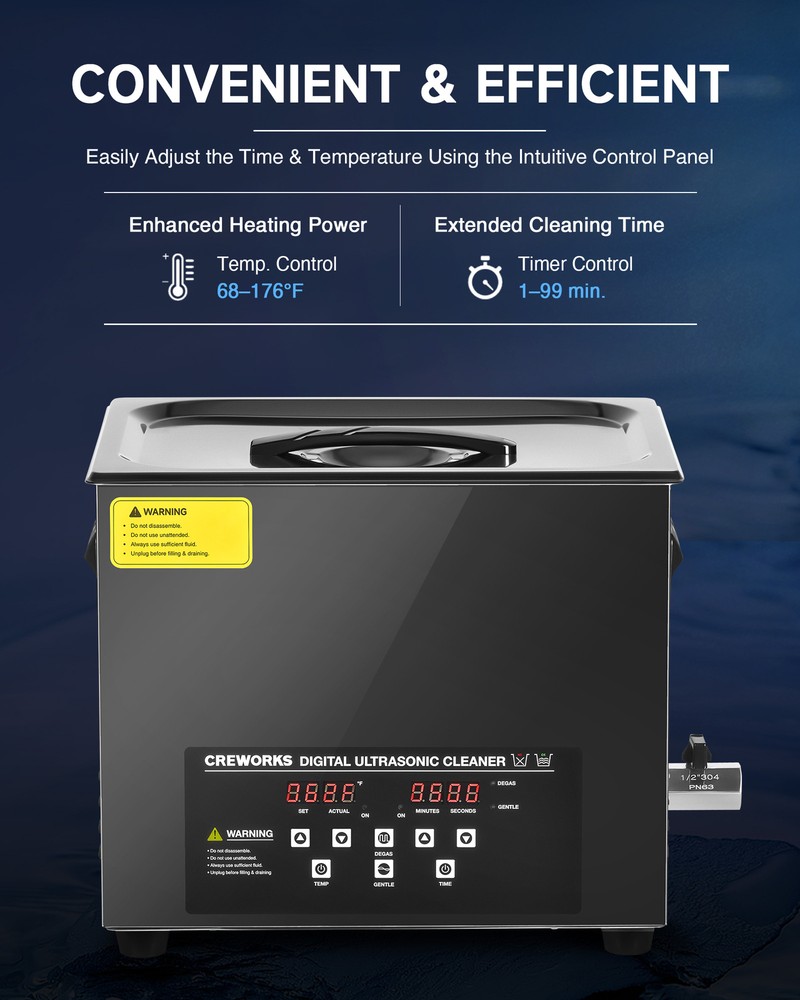 CREWORKS 10L Digital Sonic Cleaner with Control Panel 600W Heater & Degas Mode