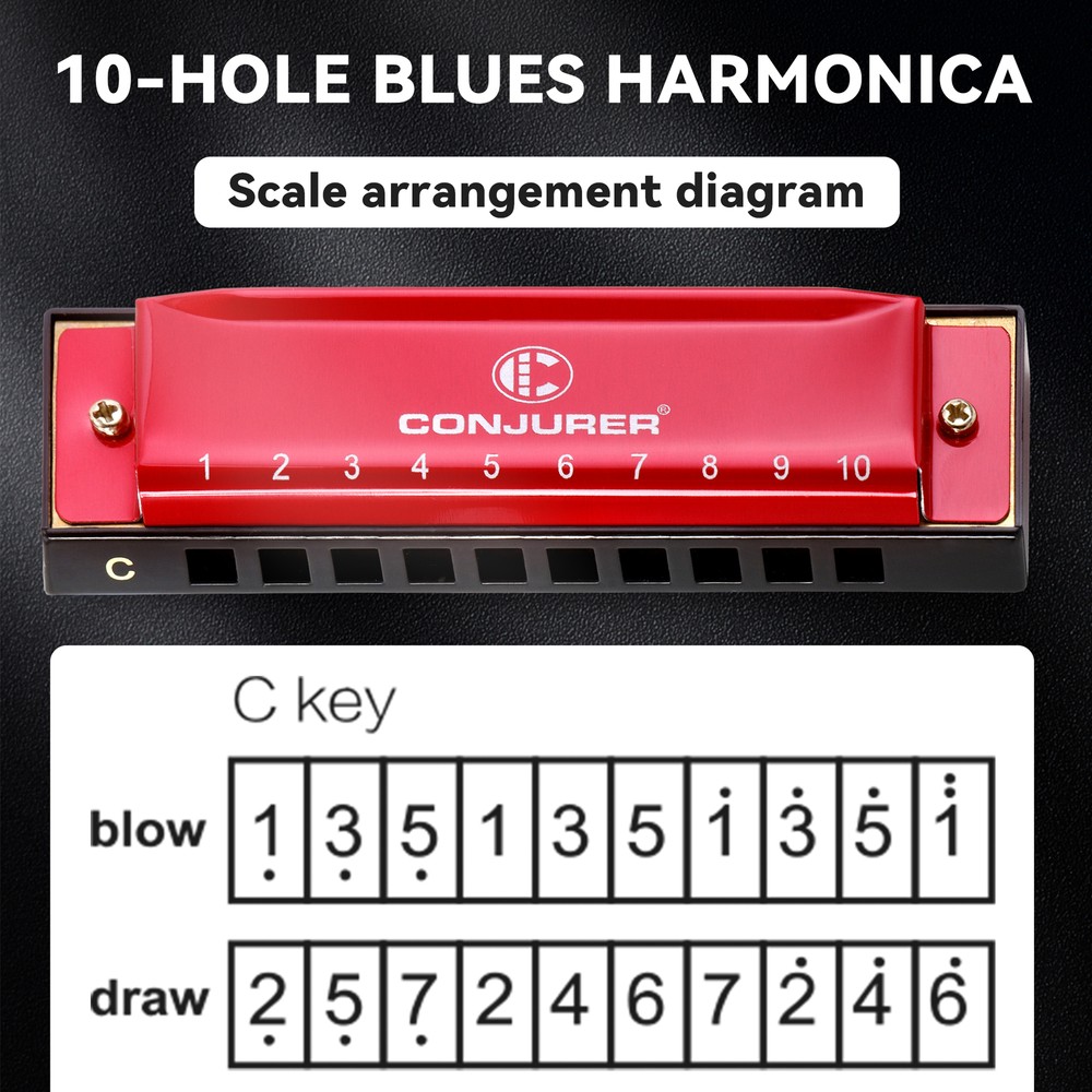 CONJURER Blues Harmonica for Beginners 10 Hole Diatonic Harmonica Key C Red US