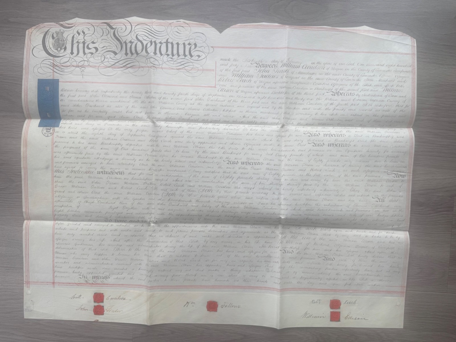 Pemberton Lancashire Vellum Indenture Land Deed 1849 Croudson to Fraser Wax Seal