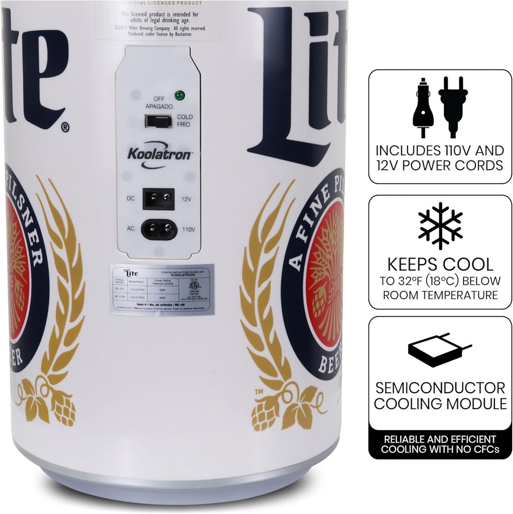 Miller Lite Mini Fridge - Portable Cooler for Drinks, 8 Can Capacity
