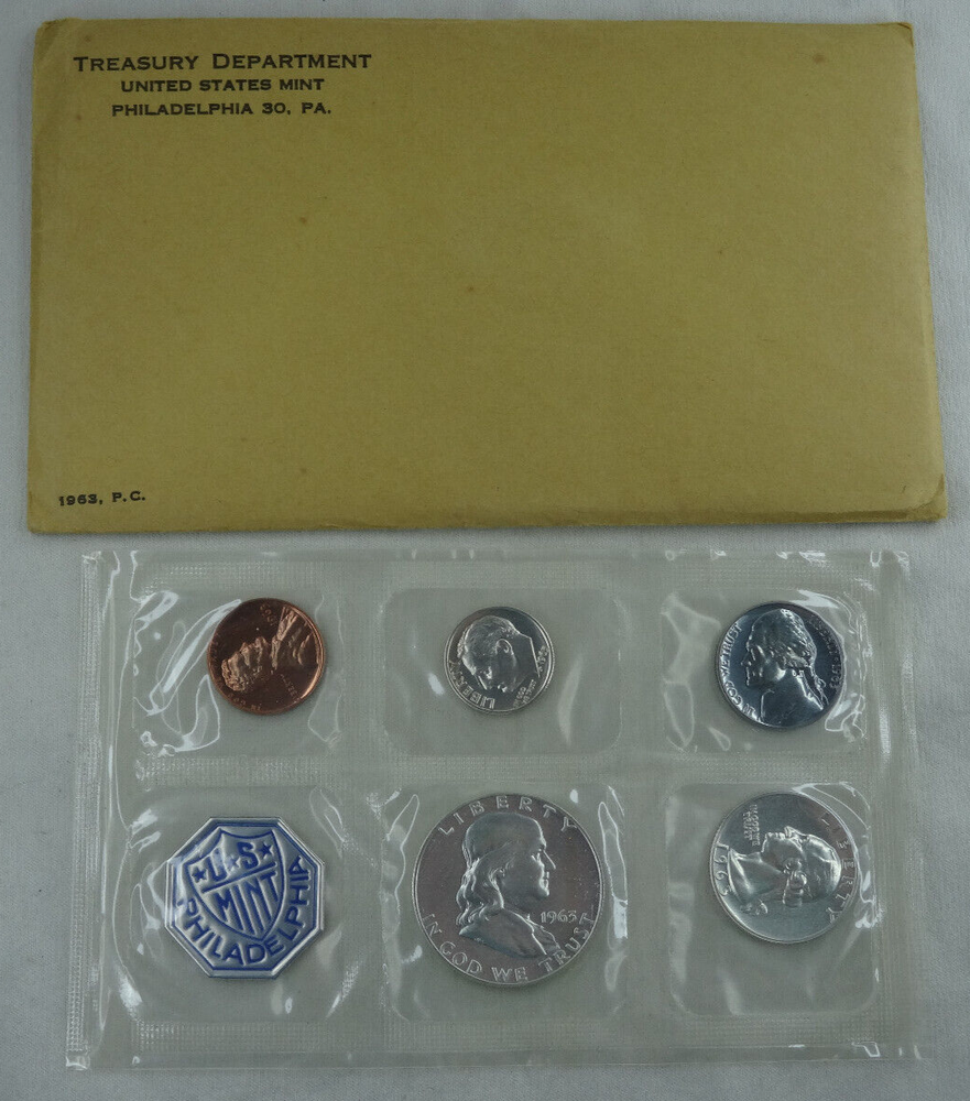 1963 US Mint Proof Set 5 Coins 90% Silver Original Envelope & Cello Flat Pack