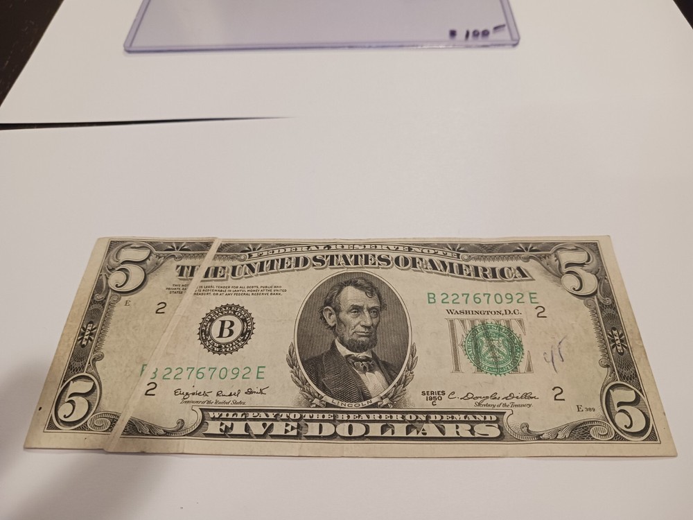 1950-C $5 FIVE DOLLARS FRN FEDERAL RESERVE NOTE “GUTTER FOLD ERRORS”